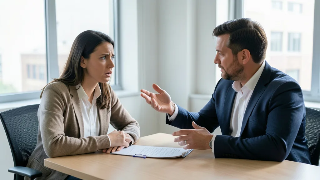 Imagem gerada por IA: Funcionário conversa com um gestor em um escritório, em uma cena que sugere pressão no ambiente de trabalho.