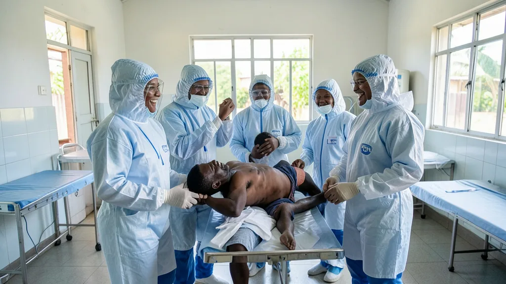 Imagem gerada por IA: Profissionais de saúde comemoram com um paciente em um centro de tratamento de Ebola.