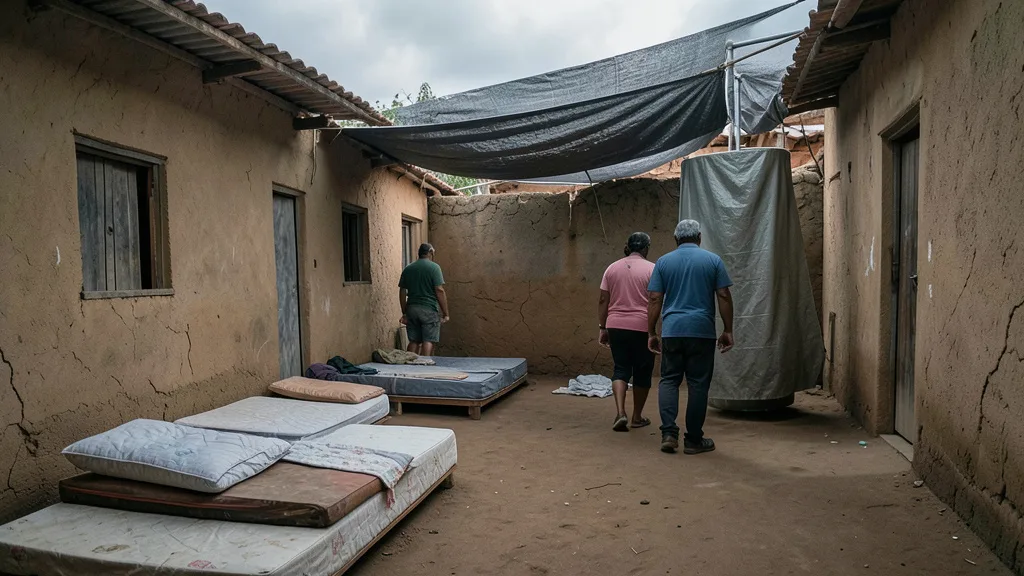 Imagem gerada por IA: Colchões no chão de um alojamento improvisado usado por trabalhadores rurais.