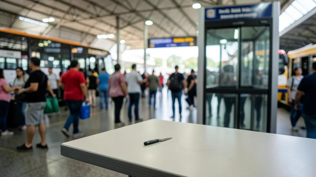 Imagem gerada por IA: Faca sobre uma mesa de evidências em um terminal rodoviário movimentado.