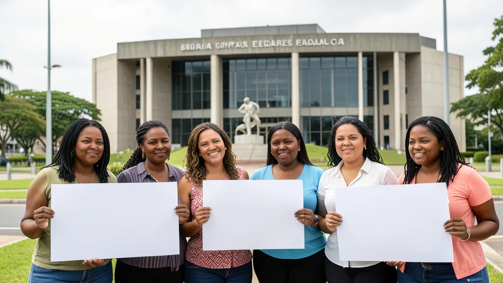 Imagem gerada por IA: Mulheres negras reunidas diante do prédio do Supremo Tribunal Federal, em Brasília.