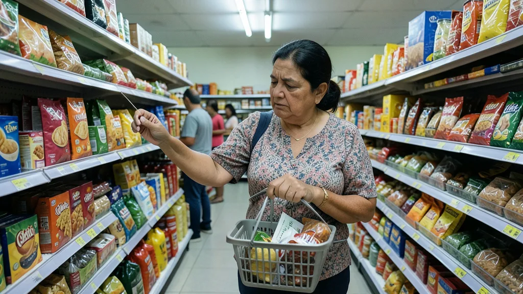 Mulher compara preços em um supermercado com poucos produtos na cesta.