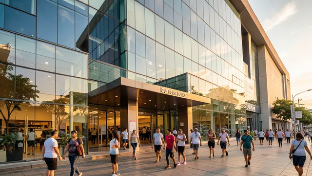 Imagem gerada por IA: Fachada de um shopping center moderno com pessoas caminhando em direção à entrada.