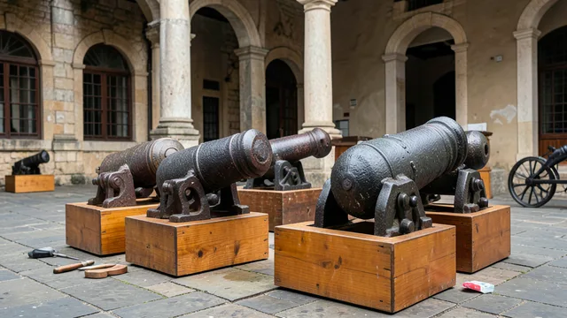 Imagem gerada por IA: Canhões históricos restaurados em novas bases de madeira no pátio do museu.