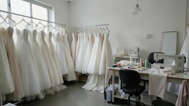 Imagem gerada por IA: Vestidos de noiva inacabados em um ateliê vazio.