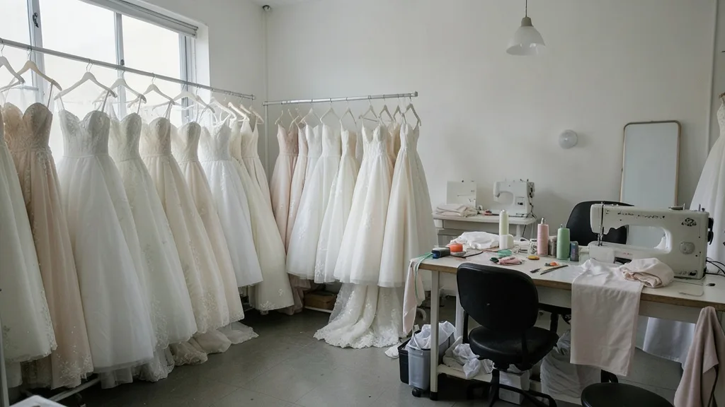 Imagem gerada por IA: Vestidos de noiva inacabados em um ateliê vazio.