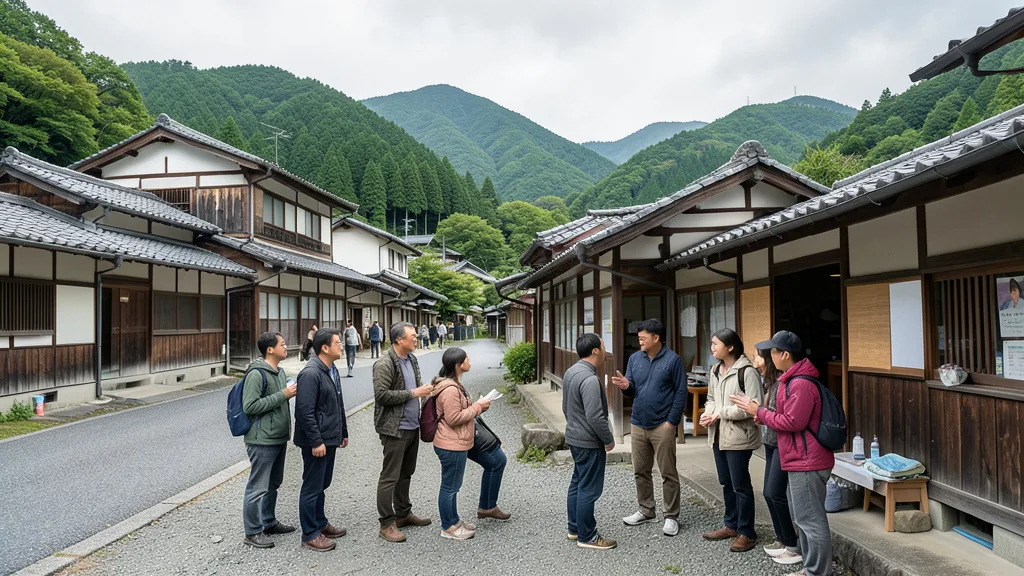 Imagem gerada por IA: Jovens visitantes peruanos conversam com moradores em um vilarejo japonês cercado por montanhas.