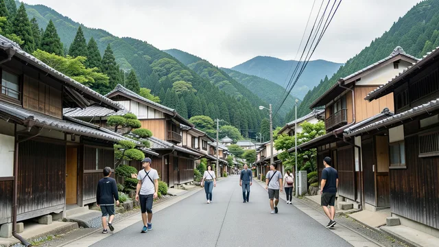 Imagem gerada por IA: Jovens caminham por uma rua de uma vila rural japonesa cercada por montanhas.
