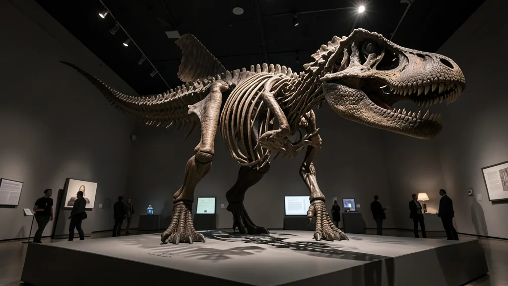 Imagem gerada por IA: Esqueleto de dinossauro tiranossauro exposto em uma galeria de leilão.