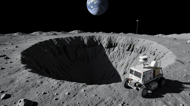 Imagem gerada por IA: Rover científico equipado com instrumentos perto da borda de um poço lunar nas Colinas Marius.
