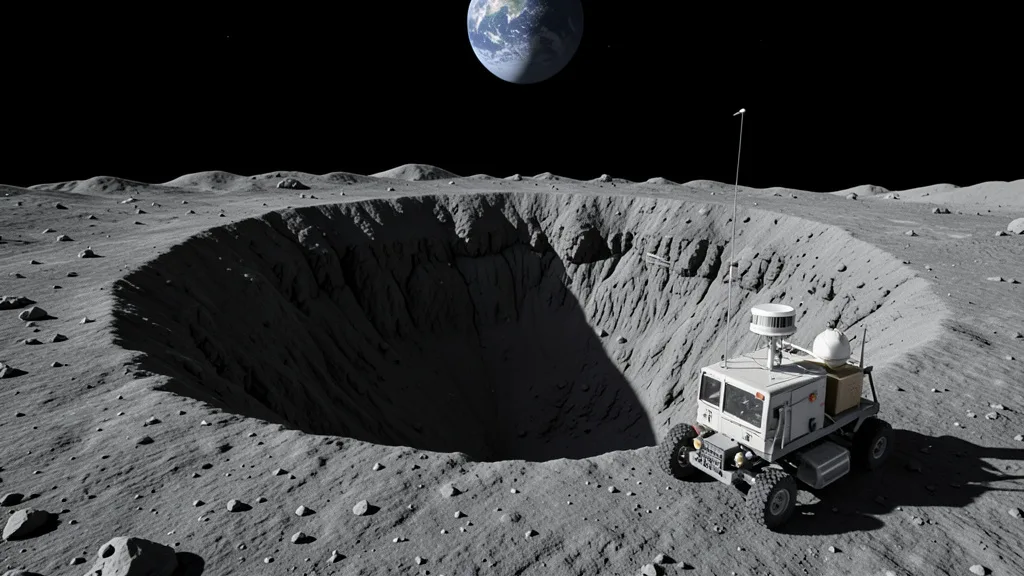 Imagem gerada por IA: Rover científico equipado com instrumentos perto da borda de um poço lunar nas Colinas Marius.