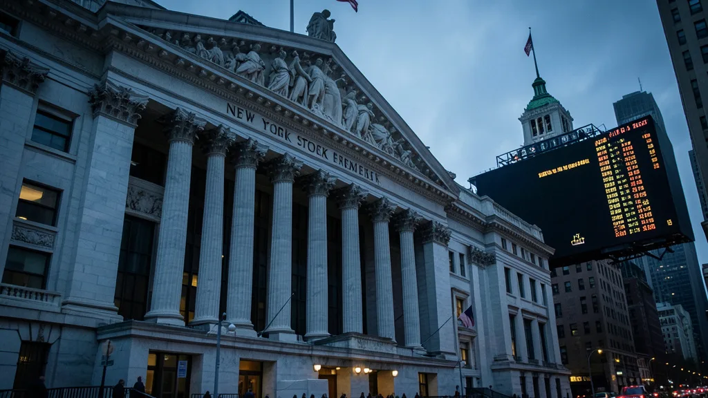 Imagem gerada por IA: Fachada da Bolsa de Nova York ao entardecer em um dia de queda nos mercados.