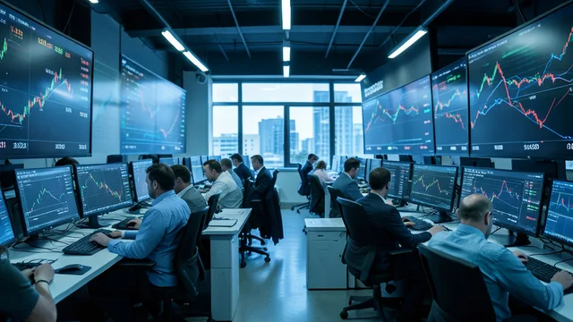 Imagem gerada por IA: Operadores acompanham as oscilações do mercado em uma sala de negociação.