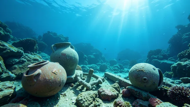 Imagem gerada por IA: Recipientes de cerâmica e âncoras de pedra no fundo do mar Mediterrâneo, perto da costa da Turquia.