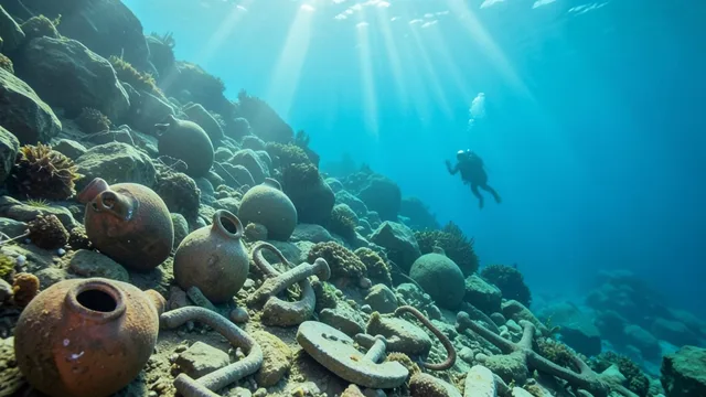 Imagem gerada por IA: Ânforas de cerâmica e âncoras de pedra espalhadas em uma encosta submarina no Mediterrâneo.