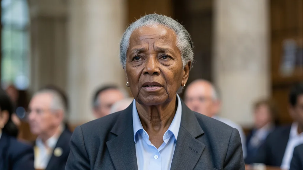 Imagem gerada por IA: Navi Pillay fala em evento público diante de um fundo que remete a um tribunal.