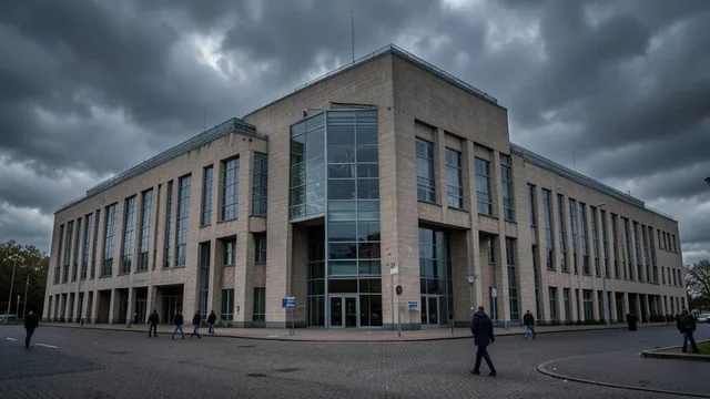 Imagem gerada por IA: Fachada do Tribunal Penal Internacional em Haia sob céu nublado.
