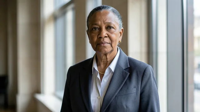 Imagem gerada por IA: Retrato de Navi Pillay em um ambiente institucional, com expressão serena.