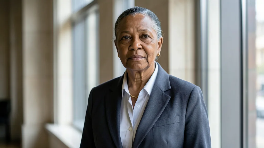 Imagem gerada por IA: Retrato de Navi Pillay em um ambiente institucional, com expressão serena.