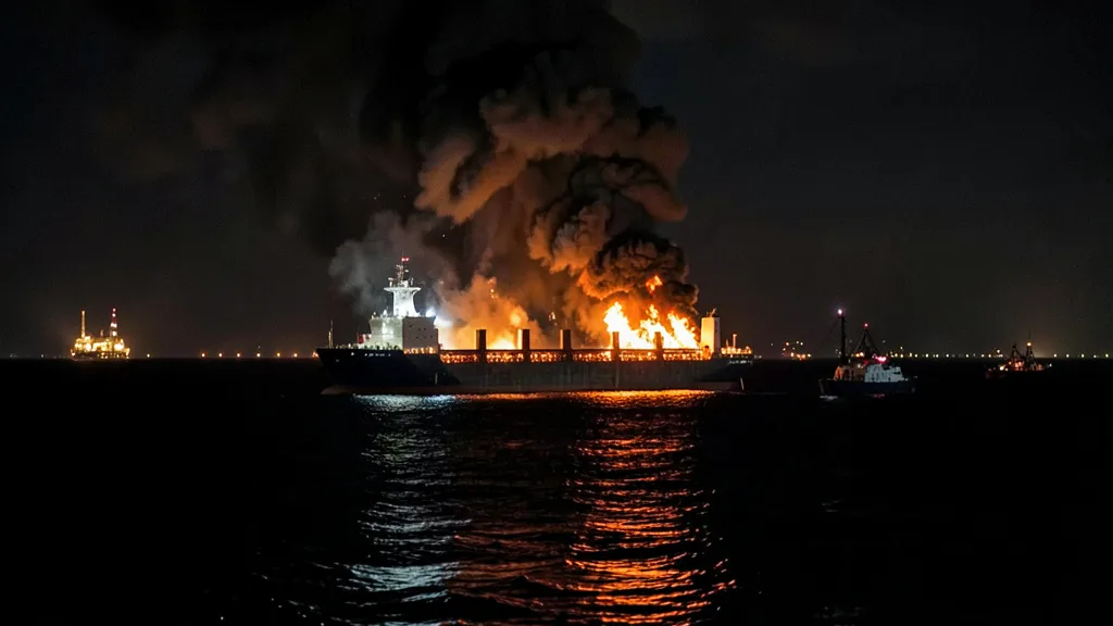 Imagem gerada por IA: Navio de carga em chamas no Mar Negro, com embarcações de resgate se aproximando.