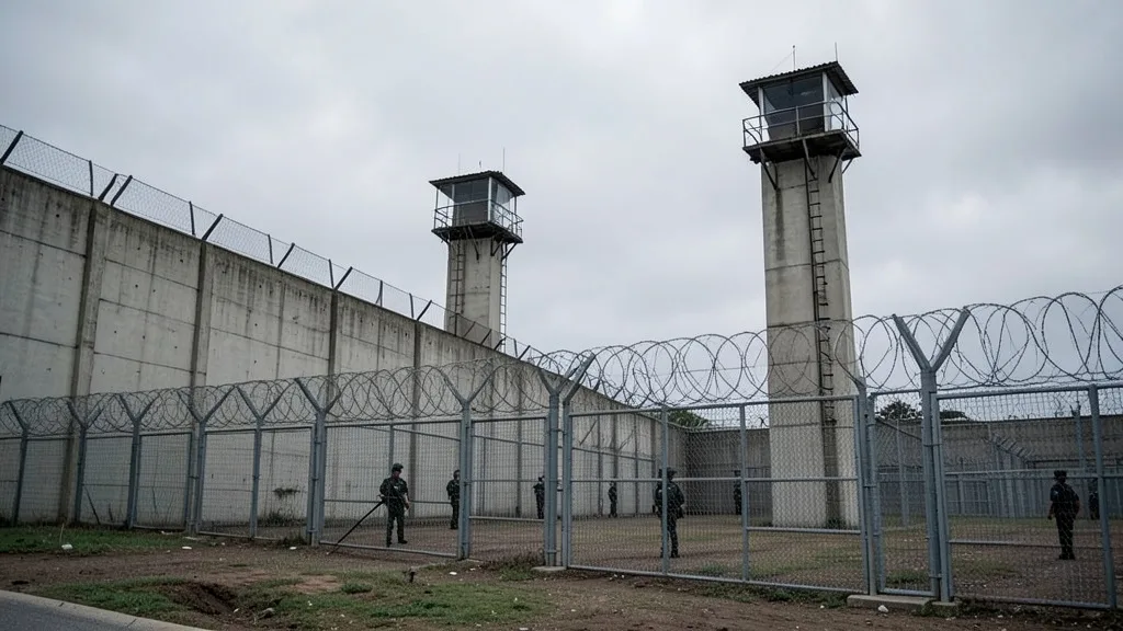 Imagem gerada por IA: Exterior de uma penitenciária de segurança máxima, com muros altos, cercas e torres de vigilância.