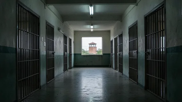 Imagem gerada por IA: Corredor vazio de uma prisão, com portas de celas gradeadas e iluminação fria.