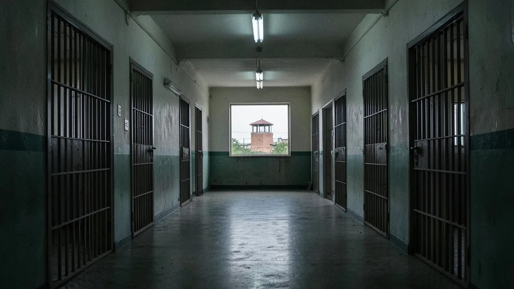 Imagem gerada por IA: Corredor vazio de uma prisão, com portas de celas gradeadas e iluminação fria.