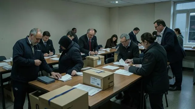 Imagem gerada por IA: Funcionários organizam cédulas em um centro de apuração eleitoral.