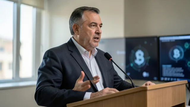 Imagem gerada por IA: Político discursa em uma sala de governo com telas ao fundo.