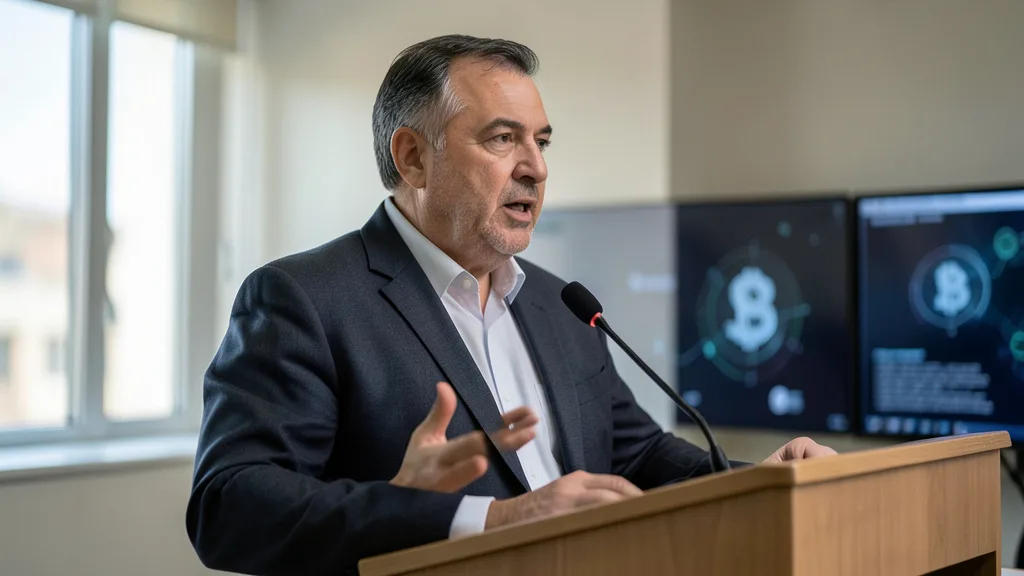 Imagem gerada por IA: Político discursa em uma sala de governo com telas ao fundo.