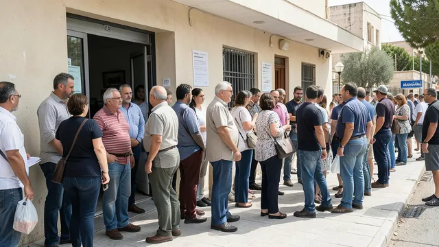 Imagem gerada por IA: Eleitores adultos aguardam em fila diante de um local de votação em Israel.