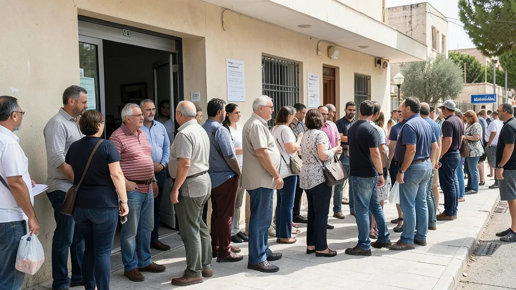 Imagem gerada por IA: Eleitores adultos aguardam em fila diante de um local de votação em Israel.