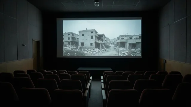 Imagem gerada por IA: Sala de cinema com a tela exibindo, sem detalhes, prédios danificados em Gaza.