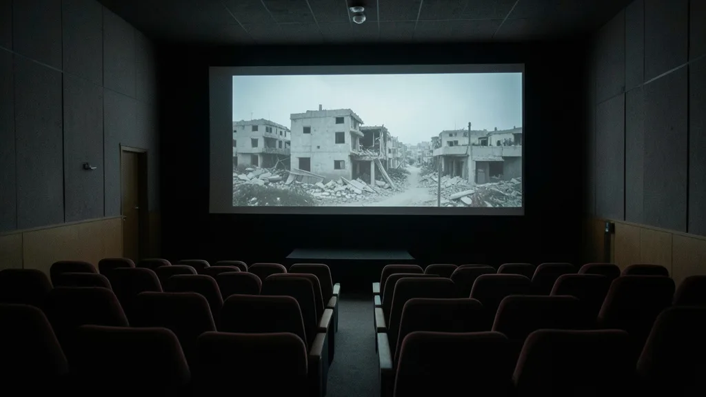 Imagem gerada por IA: Sala de cinema com a tela exibindo, sem detalhes, prédios danificados em Gaza.