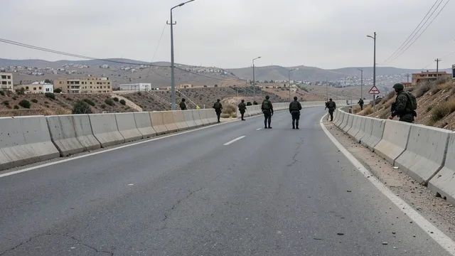 Imagem gerada por IA: Barreiras fecham uma estrada em um posto de controle militar perto de Hebron.