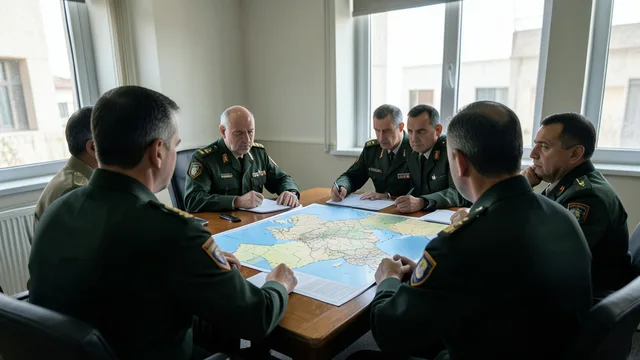 Imagem gerada por IA: Oficiais militares analisam um mapa do Oriente Médio em uma sala de reunião.