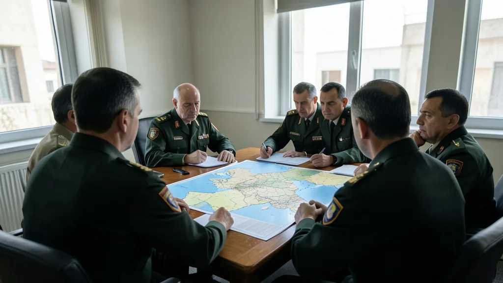 Imagem gerada por IA: Oficiais militares analisam um mapa do Oriente Médio em uma sala de reunião.
