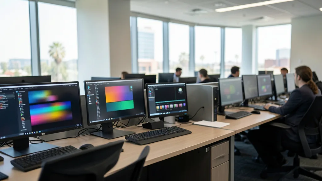 Imagem gerada por IA: Estações de trabalho vazias em um escritório moderno de uma empresa de streaming.