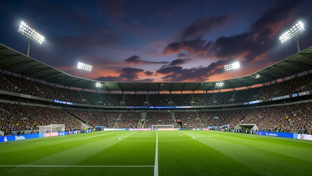 Imagem gerada por IA: Estádio de futebol lotado à noite, com o campo iluminado para uma partida internacional.