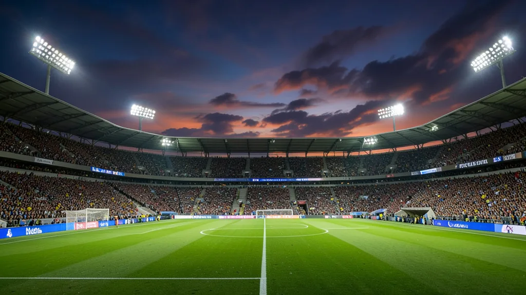 Imagem gerada por IA: Estádio de futebol lotado à noite, com o campo iluminado para uma partida internacional.