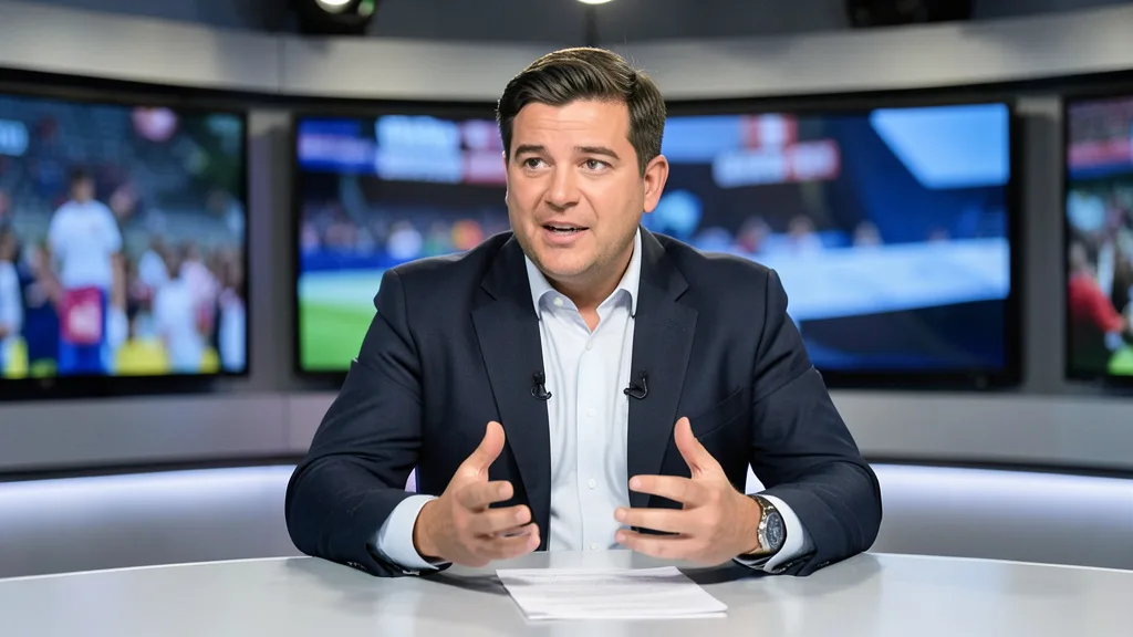 Imagem gerada por IA: Neto gesticula durante uma discussão sobre futebol em um estúdio de televisão.