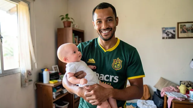 Imagem gerada por IA: Criador de conteúdo com camisa do Santos segura uma boneca usada em vídeos como Mavie.