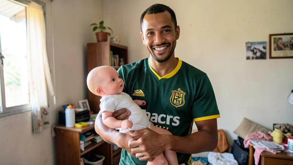Imagem gerada por IA: Criador de conteúdo com camisa do Santos segura uma boneca usada em vídeos como Mavie.