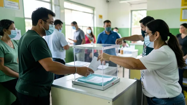 Imagem gerada por IA: Eleitor deposita uma cédula em uma urna transparente durante a votação.