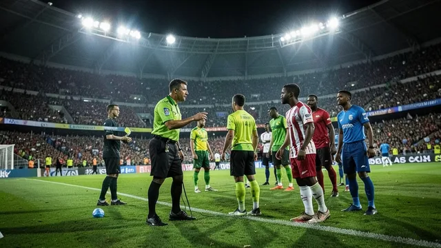 Imagem gerada por IA: Árbitro consulta o VAR durante uma partida de futebol em estádio lotado.