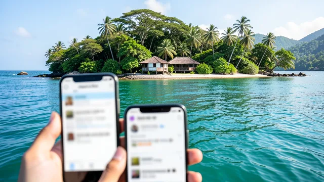Imagem gerada por IA: Ilha tropical em Angra dos Reis vista do mar, com um celular em primeiro plano.