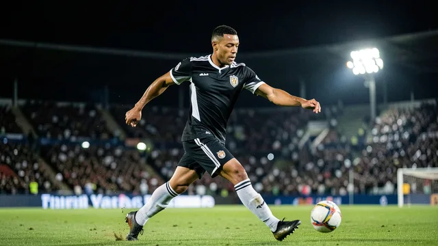 Imagem gerada por IA: Neymar se prepara para bater um pênalti durante uma partida noturna do Santos.