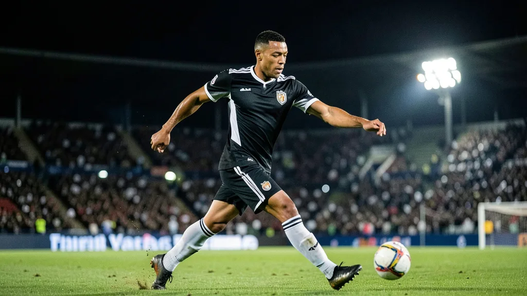 Imagem gerada por IA: Neymar se prepara para bater um pênalti durante uma partida noturna do Santos.