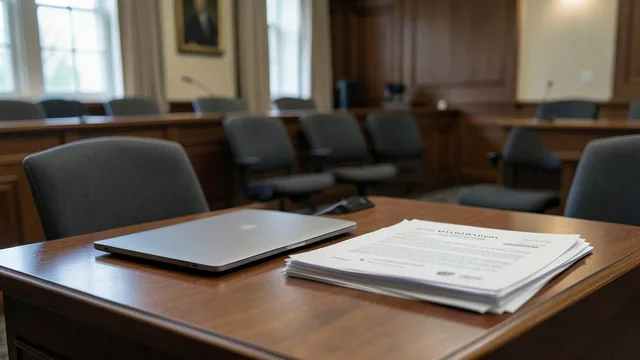 Imagem gerada por IA: Laptop fechado e documentos sobre uma mesa em uma sala de audiência do Congresso dos Estados Unidos.