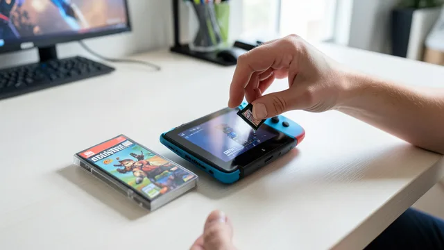 Imagem gerada por IA: Console portátil ao lado de um cartucho e da caixa de um jogo físico.